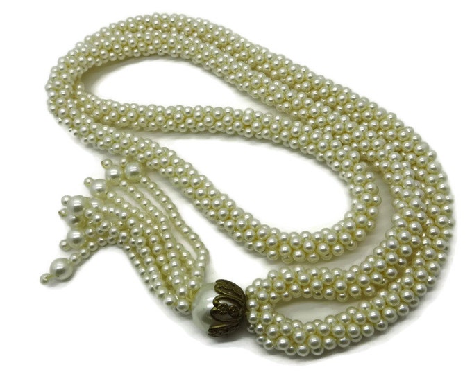 Vintage Faux Pearl Multistrand Necklace with Tassel End, Long Beaded Necklace