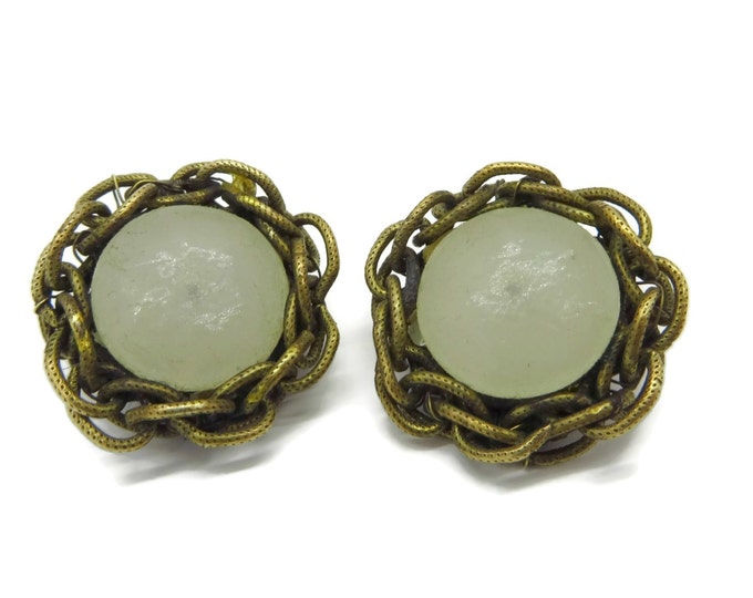 Miriam Haskell Braided Brass and Glass Button Earrings, Vintage Clip-on Earrings
