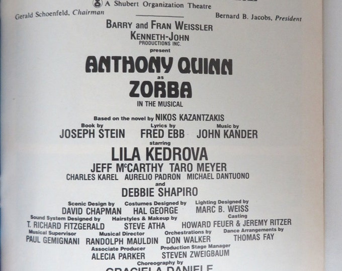 ON SALE! Broadway Playbill "Zorba", Starring Anthony Quinn, Broadway Theatre, 1984