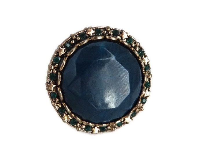 Blue Cabochon Ring, Blue Glass, Green Rhinestone Ring, Adjustable Ring, Vintage Glass Statement Ring