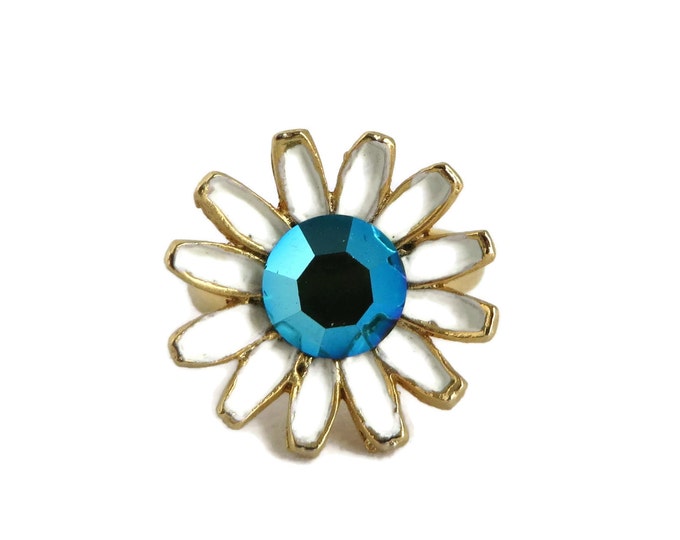 Weiss Daisy Ring, Vintage Enamel Flower Ring, Goldtone Adjustable Ring, Signed Weiss Jewelry