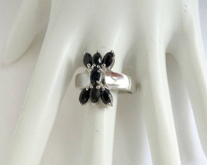 Sterling Silver - Black Sapphire Ring, Vintage Sapphire Ring, Sterling Silver Multistone Ring, Size 7