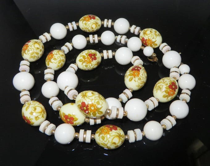 Vintage Porcelain Necklace, Japan White, Cream Bead Necklace, Flower Beaded Necklace, Valentine's Day Gift