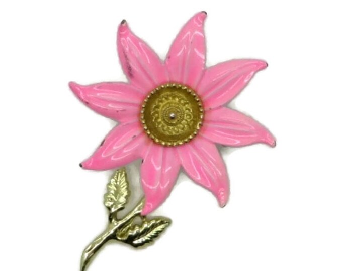 Hot Pink Enamel Flower Brooch Vintage Estate Costume Jewelry Floral Pin