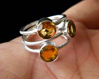 Three Stone Ring, Orange Quartz Ring, Silver Plated Ring, Birthstone Ring, Gift Ring, Electroplated Ring, Multistone Ring, Size-7 SH-3709