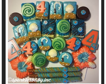 Moana themed chocolate covered rice krispie treats, oreos, pretzels, or number lollipops