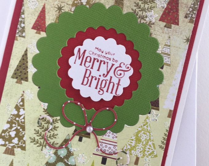 Merry Christmas Card /Christmas Card/ Holiday Card/ Christmas Wreath/Merry and Bright Christmas