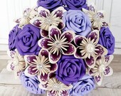 Paper Flower wedding bouquet rose origami kusudama lace royal cadbury purple french english lavender lilac pearl brooch diamante theme