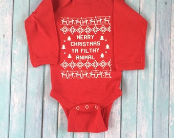 Christmas in July Sale! 15% OFF! Merry Christmas Ya Filthy Animal Baby Onesie, Ugly Sweater Onesie, Christmas Onesie