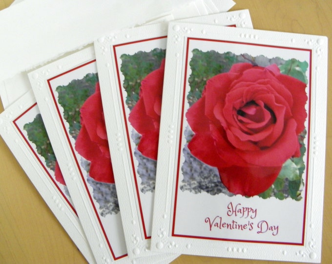 VALENTINE Photo Card Set, Red Rose with Red Text, 4-pieces Handcrafted on Embossed Card Stock, Coordinating Envelopes