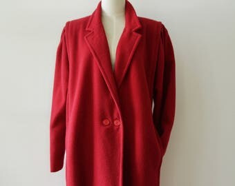 Avant Garde bright red wool coat. 80s colourful coat. Lipstick red coat. Art student coat. Double breasted coat. Minimalist coat. L