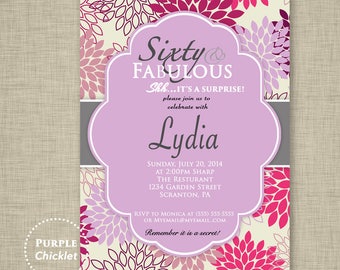 60 and Fabulous Purple Lilac 60th Birthday Invitation Surprise Party flower burst Party Invite Printable Personalized JPG File Invite (115)