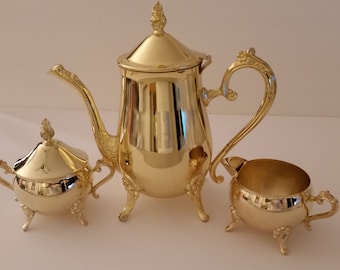 Vintage Tea set 3pc Gold tone plated over alloy Teapot /Coffee, creamer, sugar bowl w lid Recycled Shiny & a Bit Shabby Gold Gatsby wedding