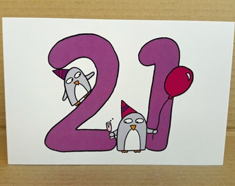 21st Birthday card - Funny Cute Penguins - Purple/Blue -A6 size with envelope