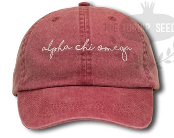 Alpha Chi Omega Handwriting Script Sorority Baseball Cap - Custom Color Hat and Embroidery