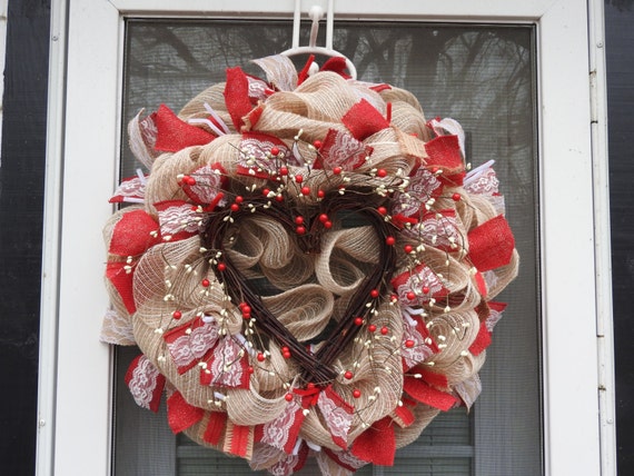 Grapevine Heart Burlap Deco Mesh Wreath