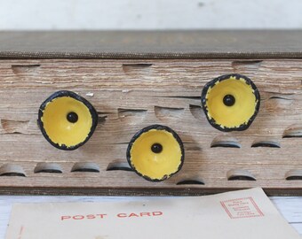 Set of 3 Yellow Metal Poppy Flower Furniture Knobs; Metal Flower Drawer Pull Hardware