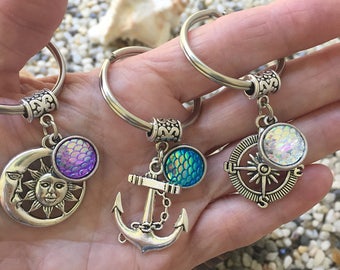 Mermaid Scales Keychain/Compass Mermaid Key Chain/ Anchor Nautical Keyring/ Celestial Sun Moon/ Mermaid Aura Scales Charm
