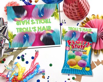Toll hair cotton candy label princess poppy party favor instant download