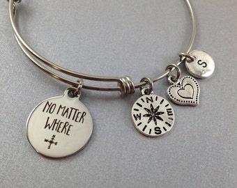 No Matter Where Bangle, No Matter Where Bracelet, Best Friend Bracelet, Mother Daughter Bangle, Custom Bangle, Initial Charm, Personalized
