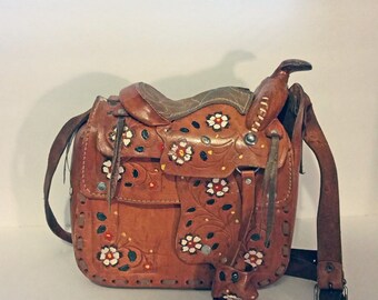 Vintage Hand Tooled Leather Hand Painted Saddle Purse, Genuine Hand Tooled Leather Purse