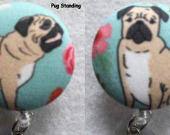 Pug Dog on aqua fabric ~ Retractable ID, Name badge Holder Reels