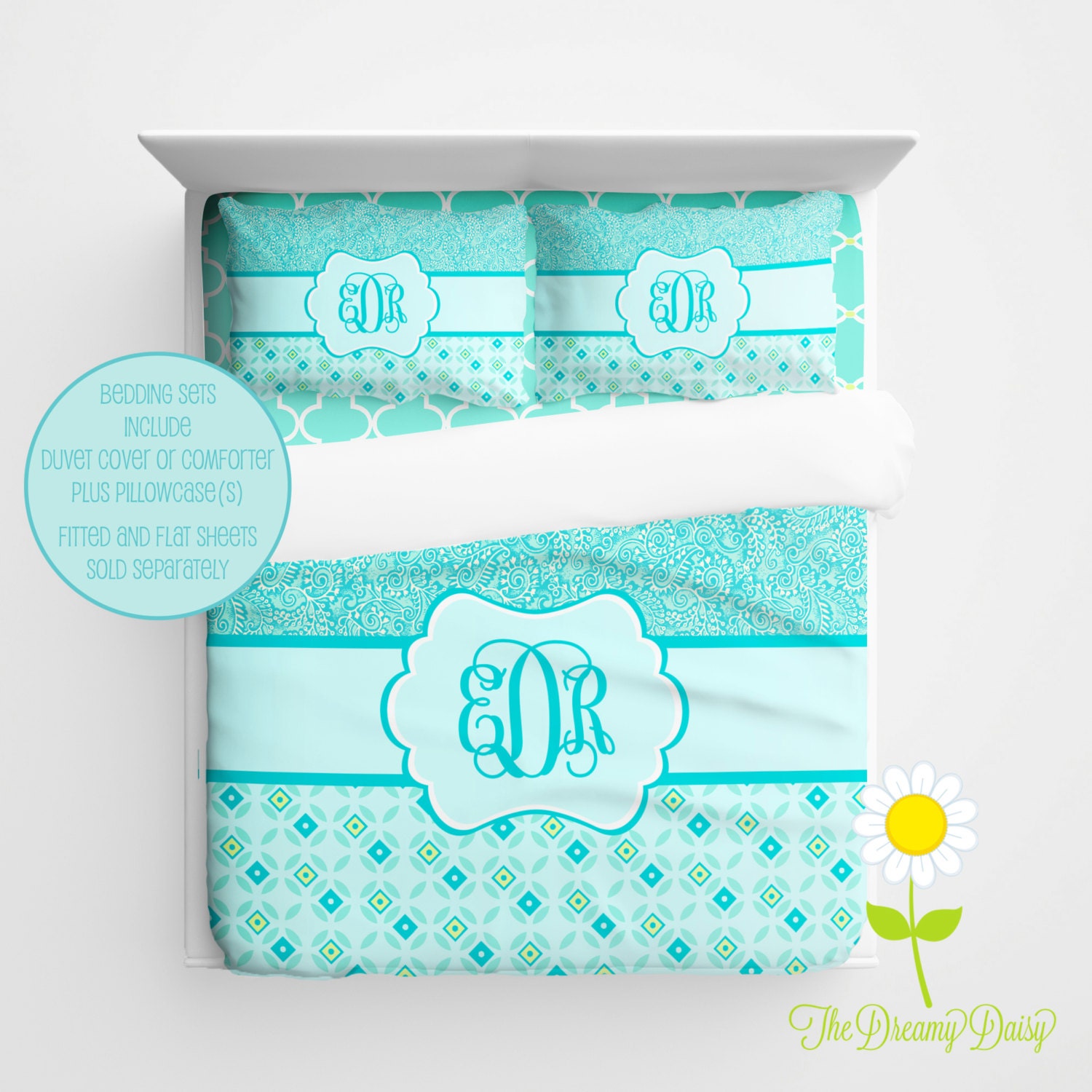 Personalized Bedding Set Aqua Paisley Duvet Cover or