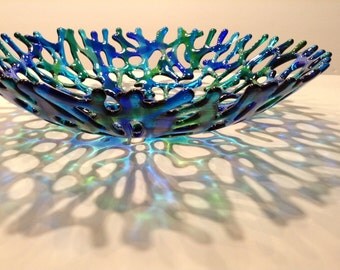 FREE SHIPPING - Blue and Green Fused Glass Coral Bowl