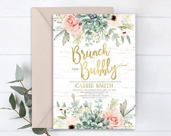 Floral succulent Brunch & Bubbly Bridal Shower Invitation, rustic bridal shower, boho bridal shower invitation, blush succulent anemone