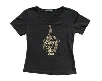 Versace Classic Medusa Black Womens V-Neck T-Shirt Medium Designer