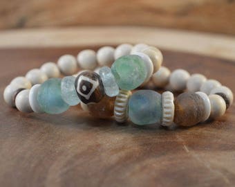 2-Bracelet Set, Bohemian Jewelry, Recycled Glass, Beach Jewelry, African Trade Beads, Boho Bracelet, Wood Bead Bracelet, Aqua Blue Bracelet
