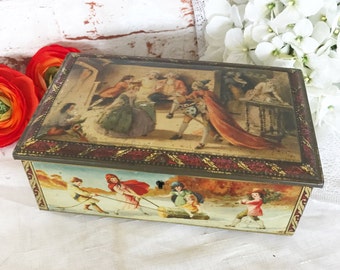 Antique Christmas Biscuit Tin Litho Lock Box, Vintage English canister, Holiday Decorations Winter Yule Log, Carolers, Feast, trinket casket