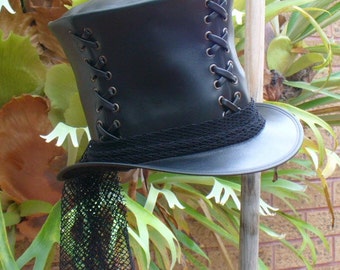 Black leather Ladies' corseted Goth Steampunk Top Hat w. black veil netting