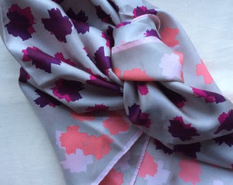 Vintage silk headsquare , Lafayette, hand rolled hems, pink and grey