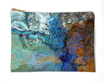 Makeup Bag in blue, brown, and aqua, Toiletry or Cosmetic Bag, Zipper Pouch, Accessory Organizer, Pencil Case, Stocking Stuffer, The Bridge