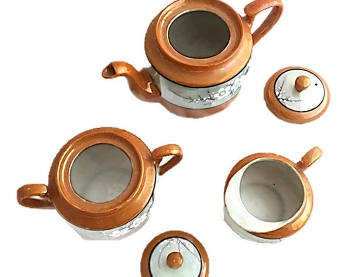 Antique Lustreware Tea Serving Set 1920-1930's - Made in Japan Hand Painted Lusterware Porcelain Teapot Sugar Bowl Creamer Cherry Blossoms