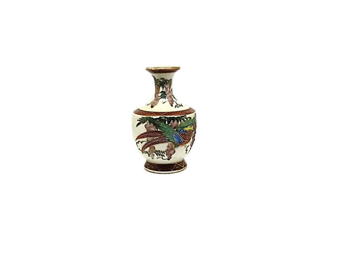 Antique Miniature Japanese Meiji Satsuma Vase - Japanese Bird Vase - Miniature Collectible Porcelain