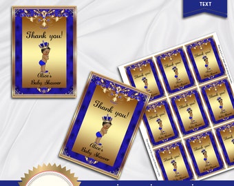 Printable Baby Shower Thank You Tags, Favor Tags, Prince Baby Shower, Royal Blue, Gold - DOWNLOAD Instantly, EDITABLE Text, Word Format