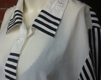 Large white and navy silk blouse