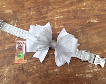 Rhinestone Dog Collar, Silver and white dog collar, Bow Dog Collar, Dressy Dog Collar, small dog collar, wedding, christmas dog collar