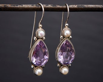 Amethyst Drops, Amethyst Pearl and Silver Earrings, Faceted Amethyst Earrings, Birthstone Jewellery, February Birthstone, Sterling Silver