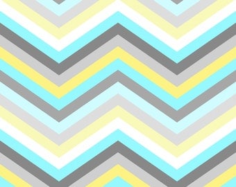 Gray Aqua Yellow and White Chevron Stripe Fabric