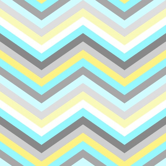 Gray Aqua Yellow and White Chevron Stripe Fabric