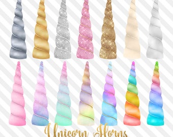 Unicorn Horns Clipart, rainbow watercolor pastel unicorn horn clip art, pink and gold glitter fairy tale graphics, instant download