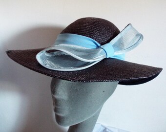 Vintage Small Ladies / childs 1950's French Navy Oval Brimmed Straw with Pale Blue Banding and bow on side