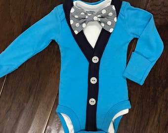 Preppy Baby Boy Cardigan, Onesie + Bow Tie Set