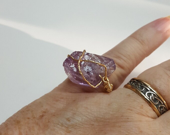 Raw Amethyst Ring ~ 6th Anniversary Gift, Simple Promise Ring ~ Rough Cut Gemstone Minimalistic Ring ~ Wire Wrap Ring ~ February Birthstone