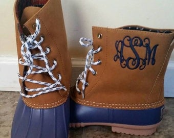 Monogrammed Navy Duck Boots, Navy Duck Booties, Personalized Duck Boots, Size 10 only