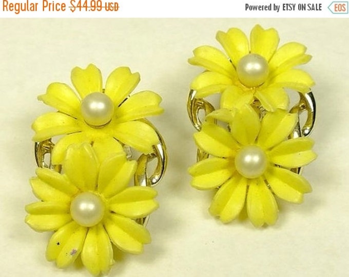 Storewide 25% Off SALE Beautiful Vintage Yellow Double Daisy Floral Earrings Featuring Large Cream Center Pearl and Gold Tone Scroll Trim