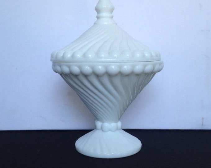 Storewide 25% Off SALE Vintage Westmoreland White Milk Glass Lidded Candy Dish Featuring Beautiful Swirling Design